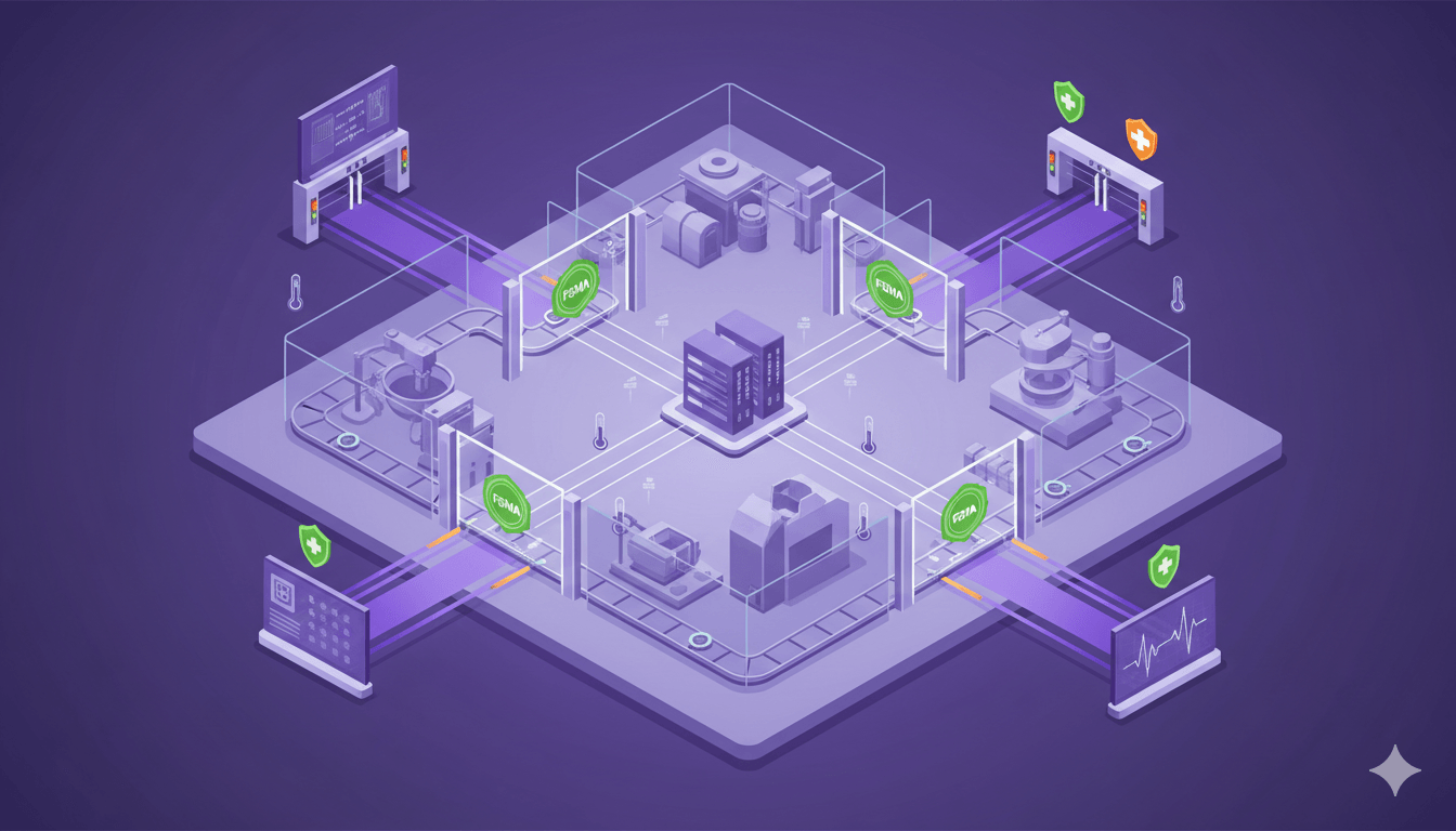 Food production security environment with FSMA compliance checkpoints and OT protection