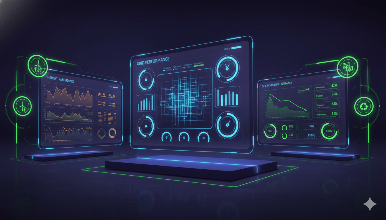 Energy analytics with grid performance dashboards and ESG sustainability reporting